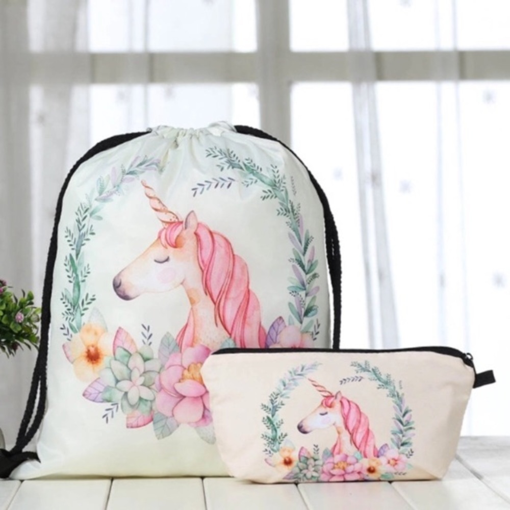New Unicorn Drawstring Tote Bag Set 2pc